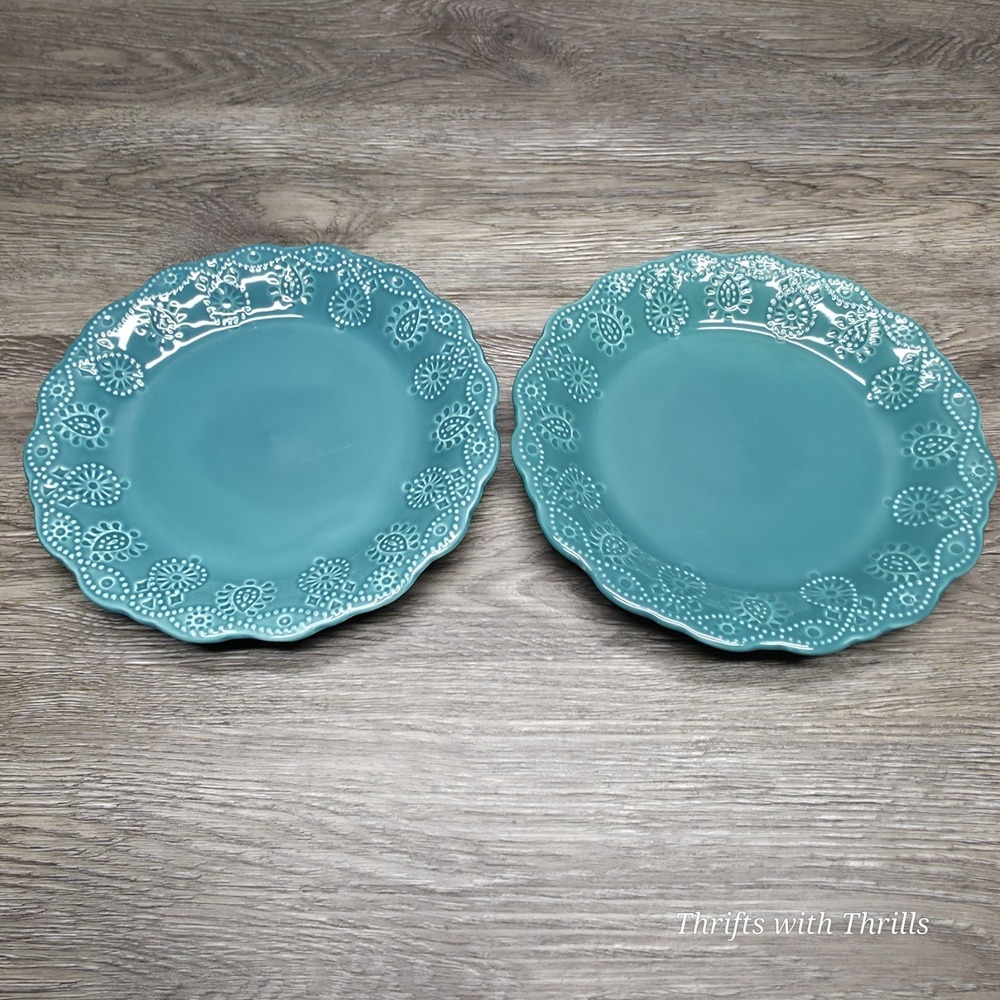 Pioneer Woman Lace Cowgirl‎ Stoneware - Teal - Two Replacement 8.5" Plates